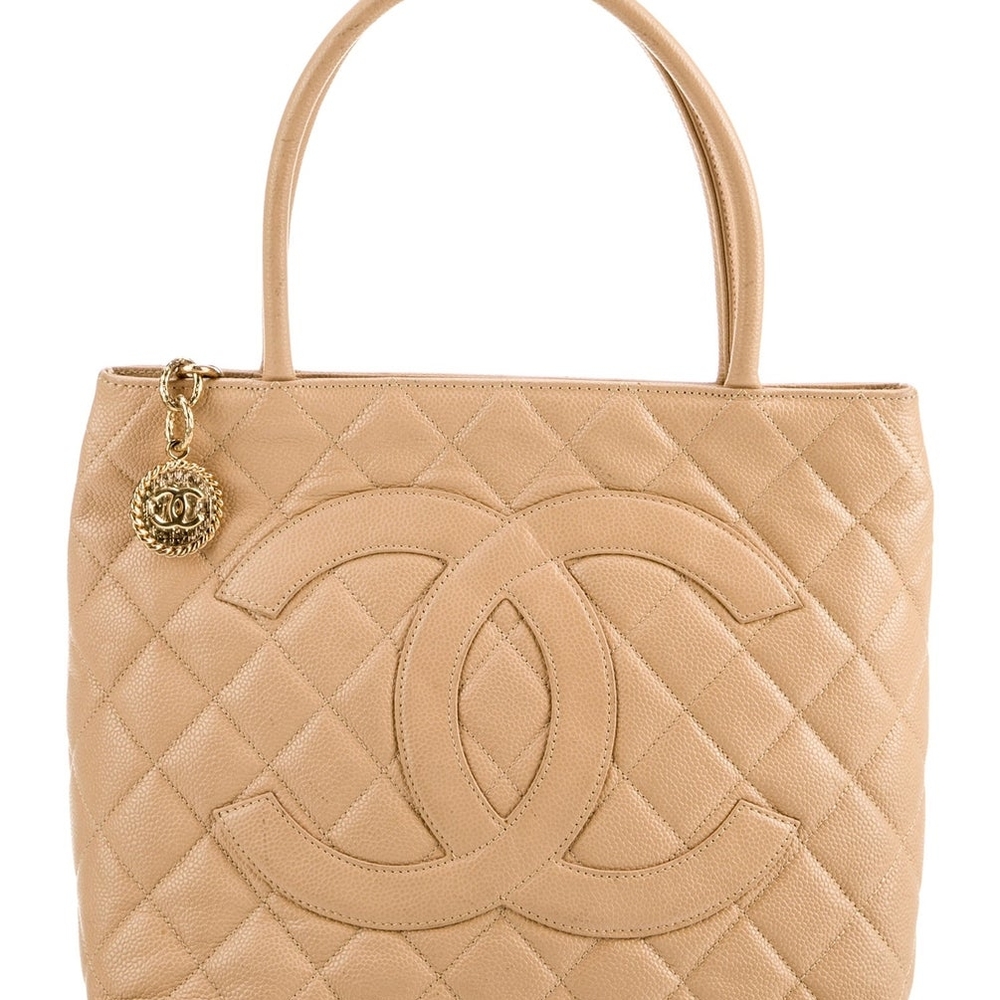 CHANEL Beige Quilted Tote MEDALLION Bag